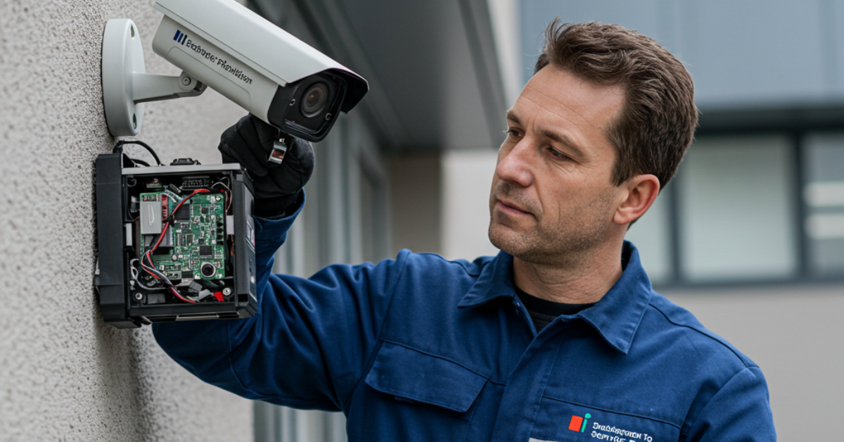 homem realizando manutencao preventiva em sistema de segurança eletrônica