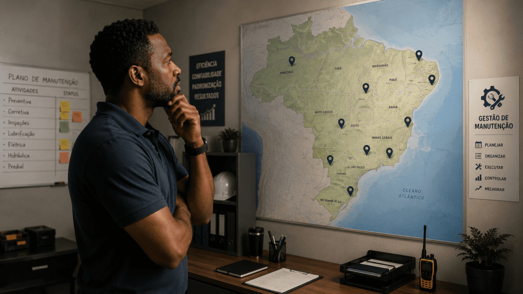 um homem negro olhando para o mapa do brasil pensando em como vai gerenciar as manutenções das unidades espalhadas pelo país