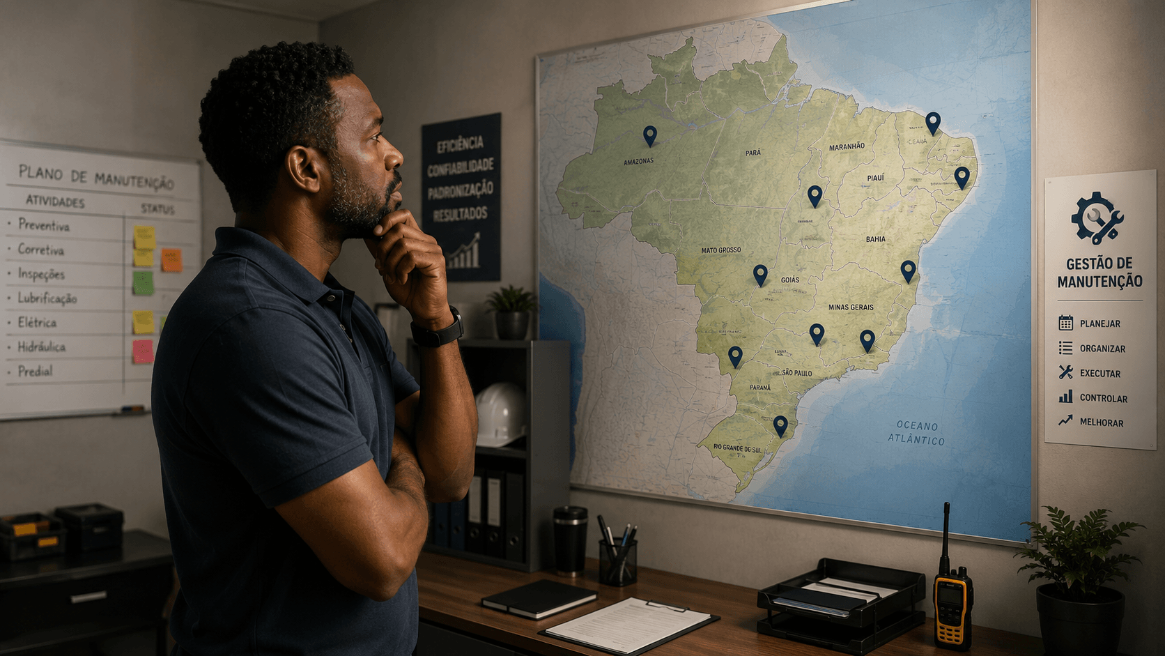 um homem negro olhando para o mapa do brasil pensando em como vai gerenciar as manutenções das unidades espalhadas pelo país