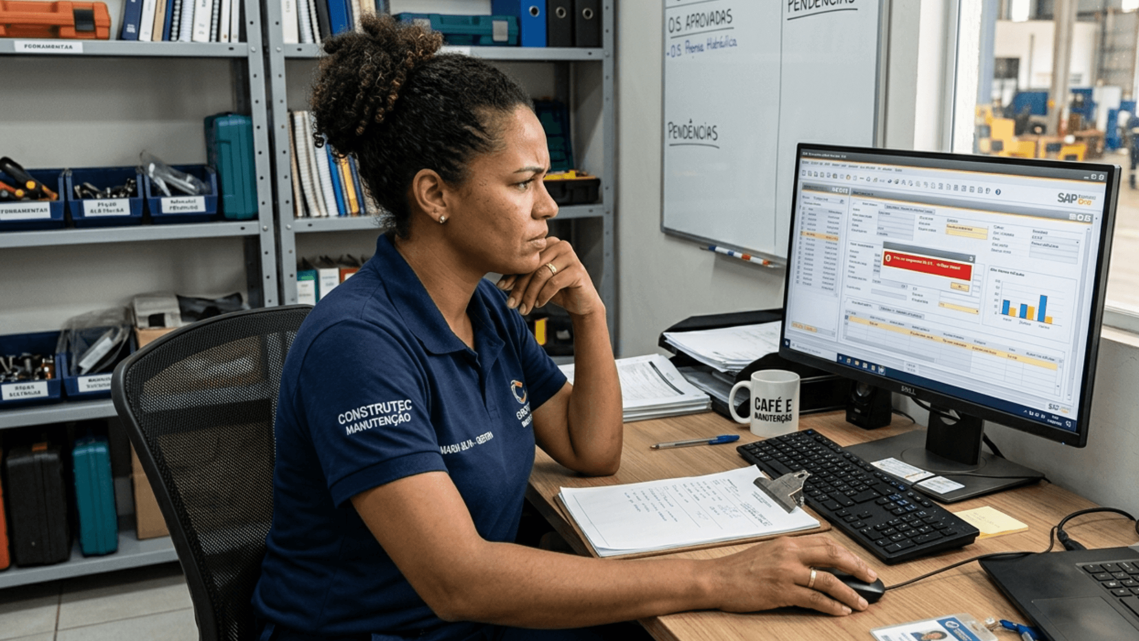 mulher gestora de manutenção olhando para a tela do computador e analisando seu ERP