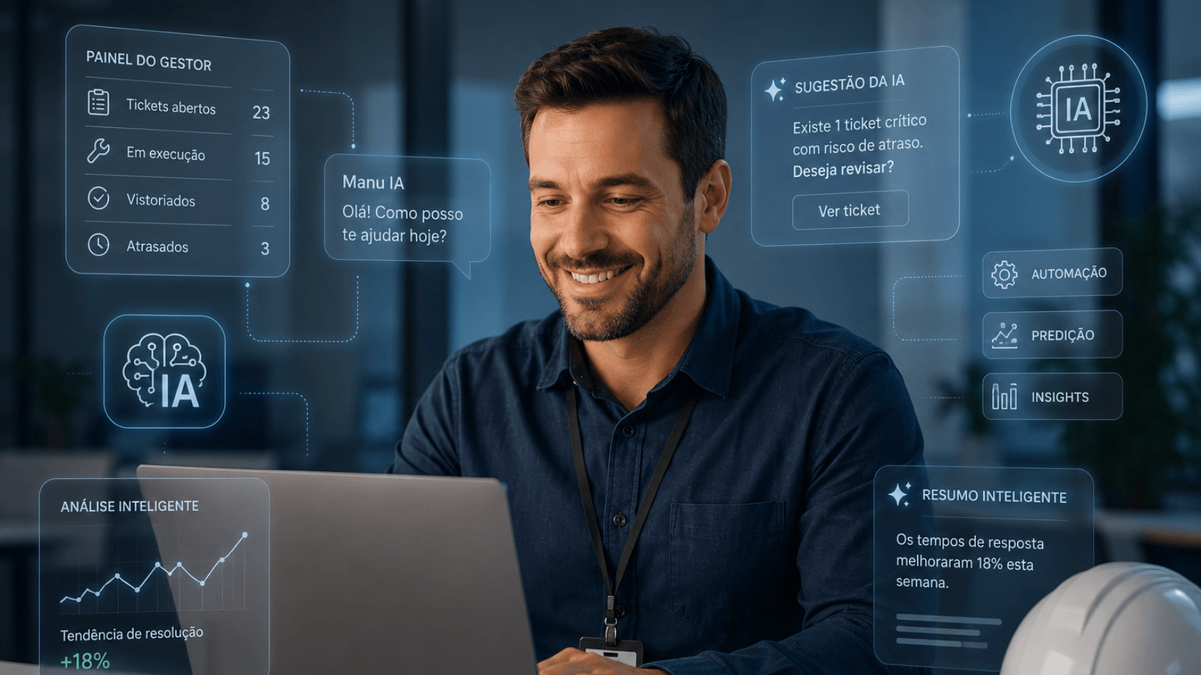 Representação da Inteligência Artificial na manutenção organizando informações e auxiliando gestores na tomada de decisão.